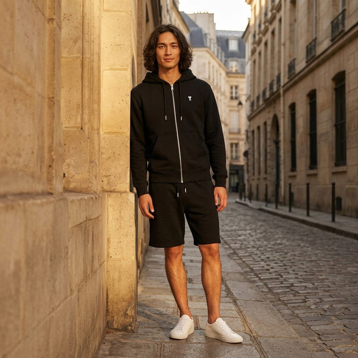 Ami Alexandre Mattiussi black zip-up hoodie with embroidered Ami de Cœur logo, silver zip hardware, adjustable drawstring hood, and kangaroo pocket - lifestyle