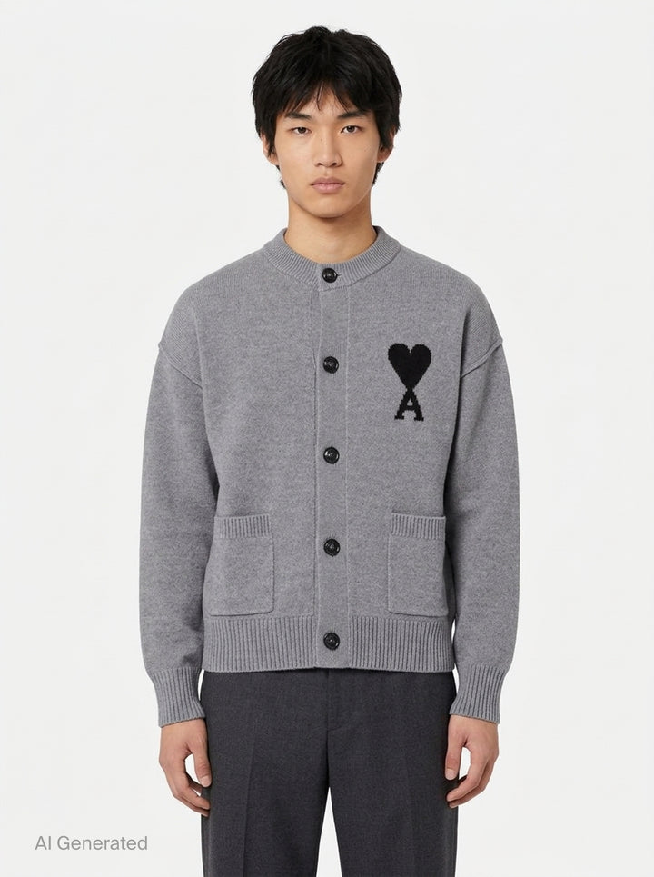 AMI grey crewneck cardigan with intarsia Ami de Cœur logo, button-front closure, ribbed trims, and hip patch pockets - front