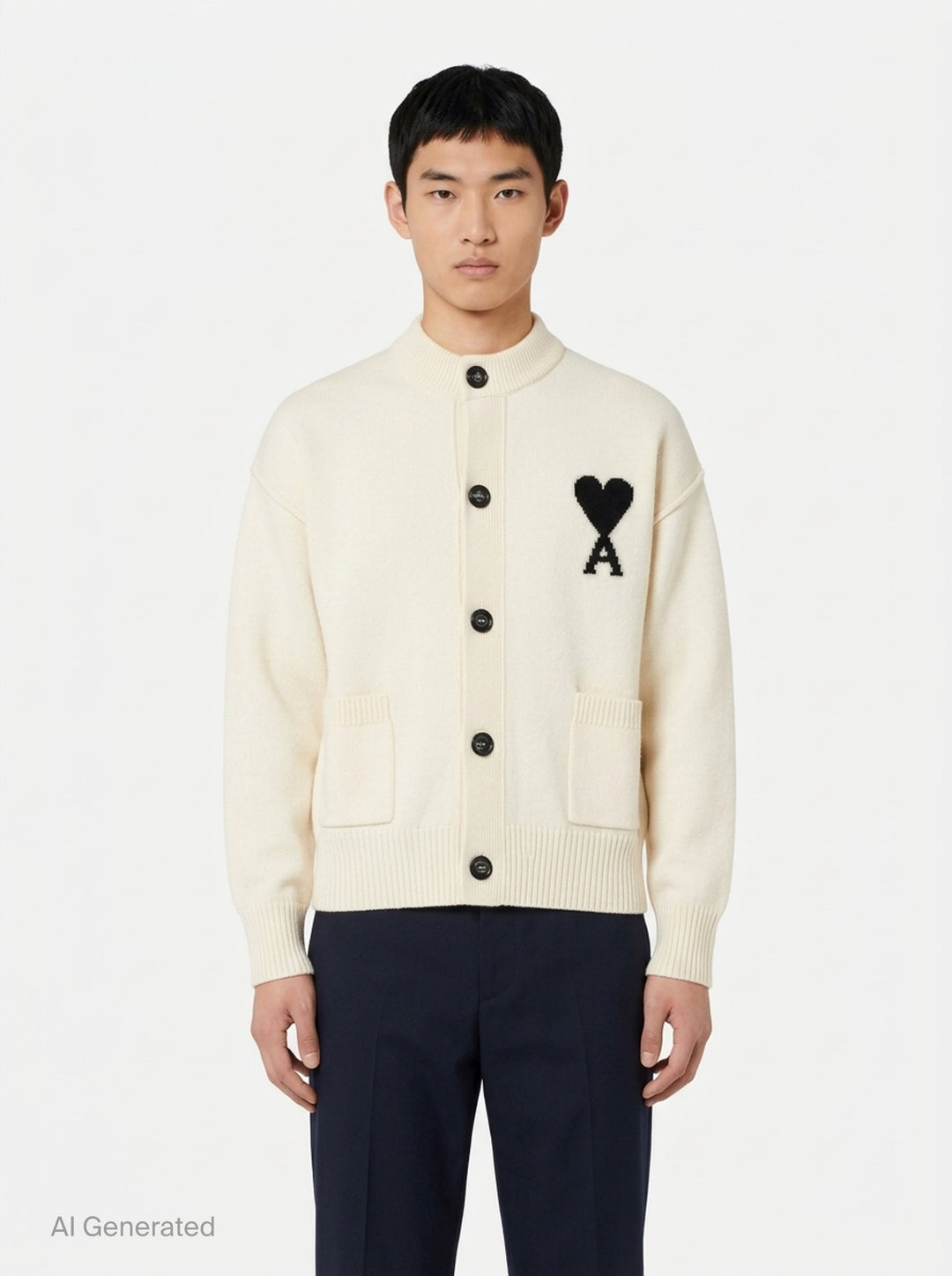 AMI grey crewneck cardigan with intarsia Ami de Cœur logo, button-front closure, ribbed trims, and hip patch pockets - front