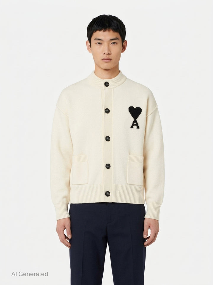 AMI grey crewneck cardigan with intarsia Ami de Cœur logo, button-front closure, ribbed trims, and hip patch pockets - front