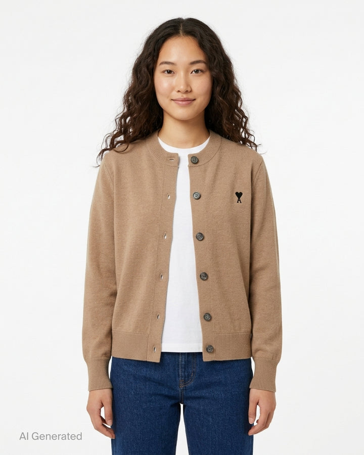 AMI Alexandre Mattiussi forest green crewneck cardigan with dark button-front fastening, ribbed trim, and Ami de Cœur embroidered motif on the chest - front