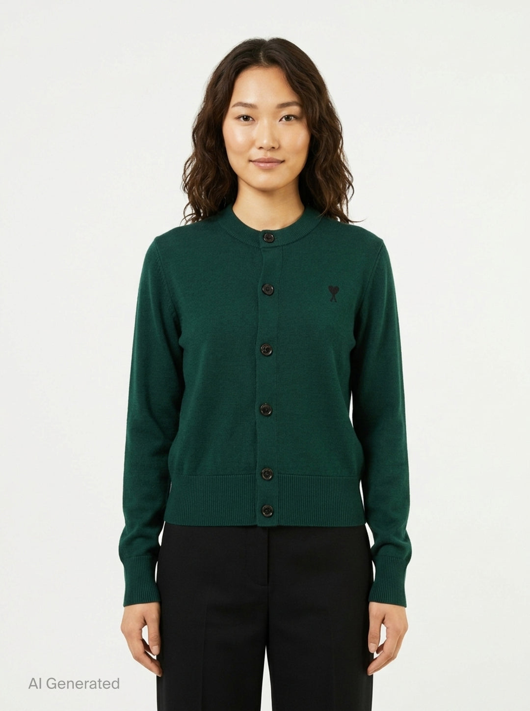 AMI Alexandre Mattiussi forest green crewneck cardigan with dark button-front fastening, ribbed trim, and Ami de Cœur embroidered motif on the chest - front