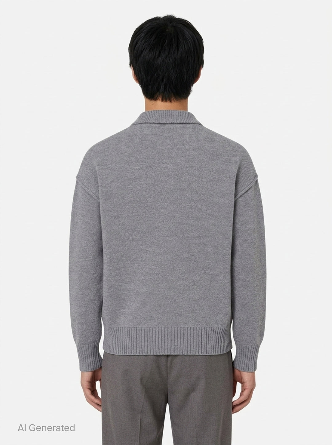 AMI grey crewneck cardigan with intarsia Ami de Cœur logo, button-front closure, ribbed trims, and hip patch pockets - back
