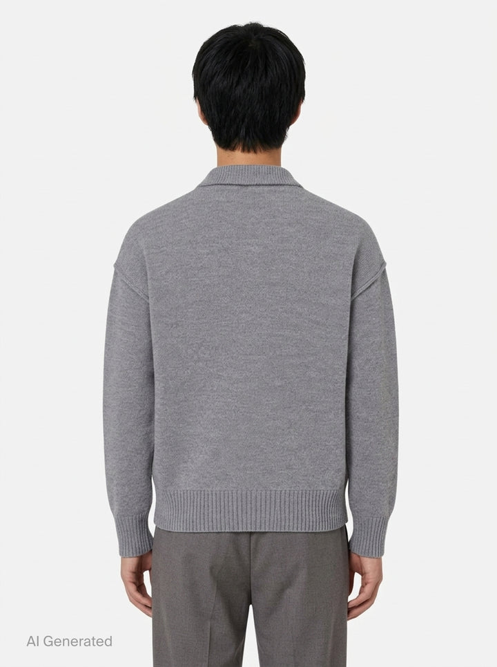 AMI grey crewneck cardigan with intarsia Ami de Cœur logo, button-front closure, ribbed trims, and hip patch pockets - back