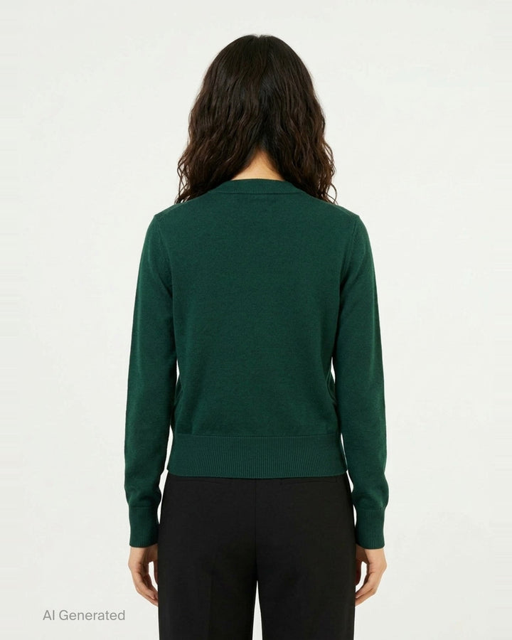 AMI Alexandre Mattiussi forest green crewneck cardigan with dark button-front fastening, ribbed trim, and Ami de Cœur embroidered motif on the chest - back