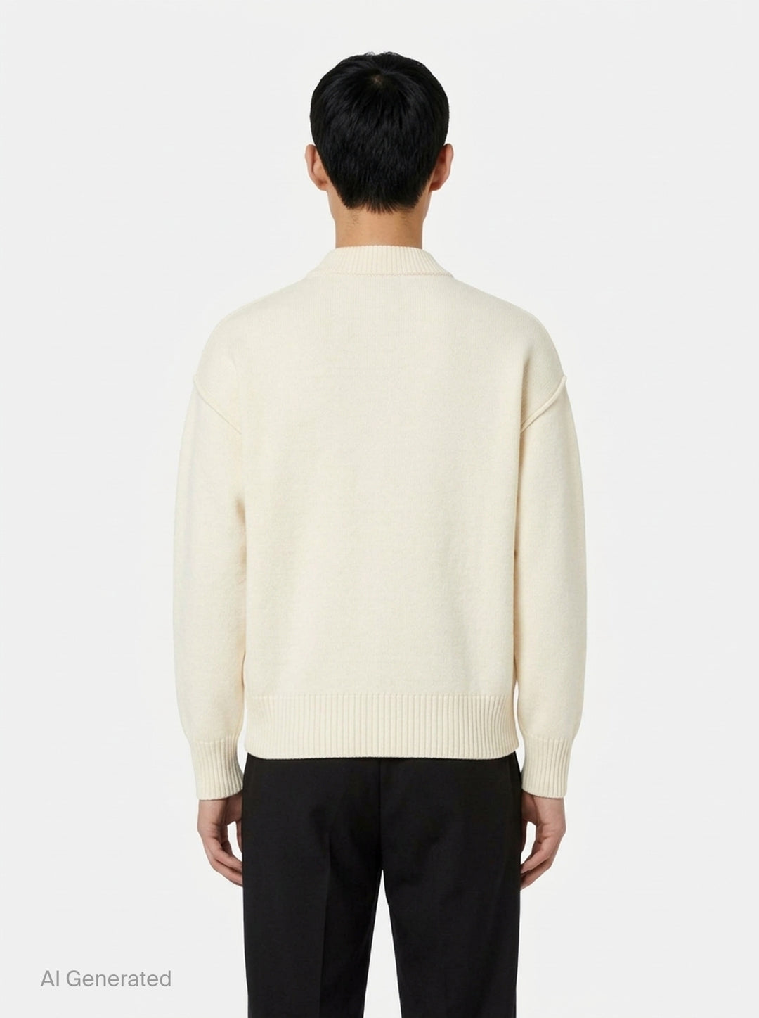 AMI grey crewneck cardigan with intarsia Ami de Cœur logo, button-front closure, ribbed trims, and hip patch pockets - back