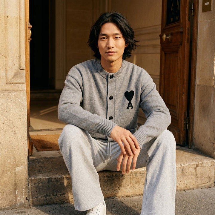 AMI grey crewneck cardigan with intarsia Ami de Cœur logo, button-front closure, ribbed trims, and hip patch pockets - lifestyle
