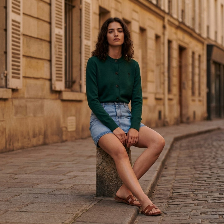 AMI Alexandre Mattiussi forest green crewneck cardigan with dark button-front fastening, ribbed trim, and Ami de Cœur embroidered motif on the chest - lifestyle