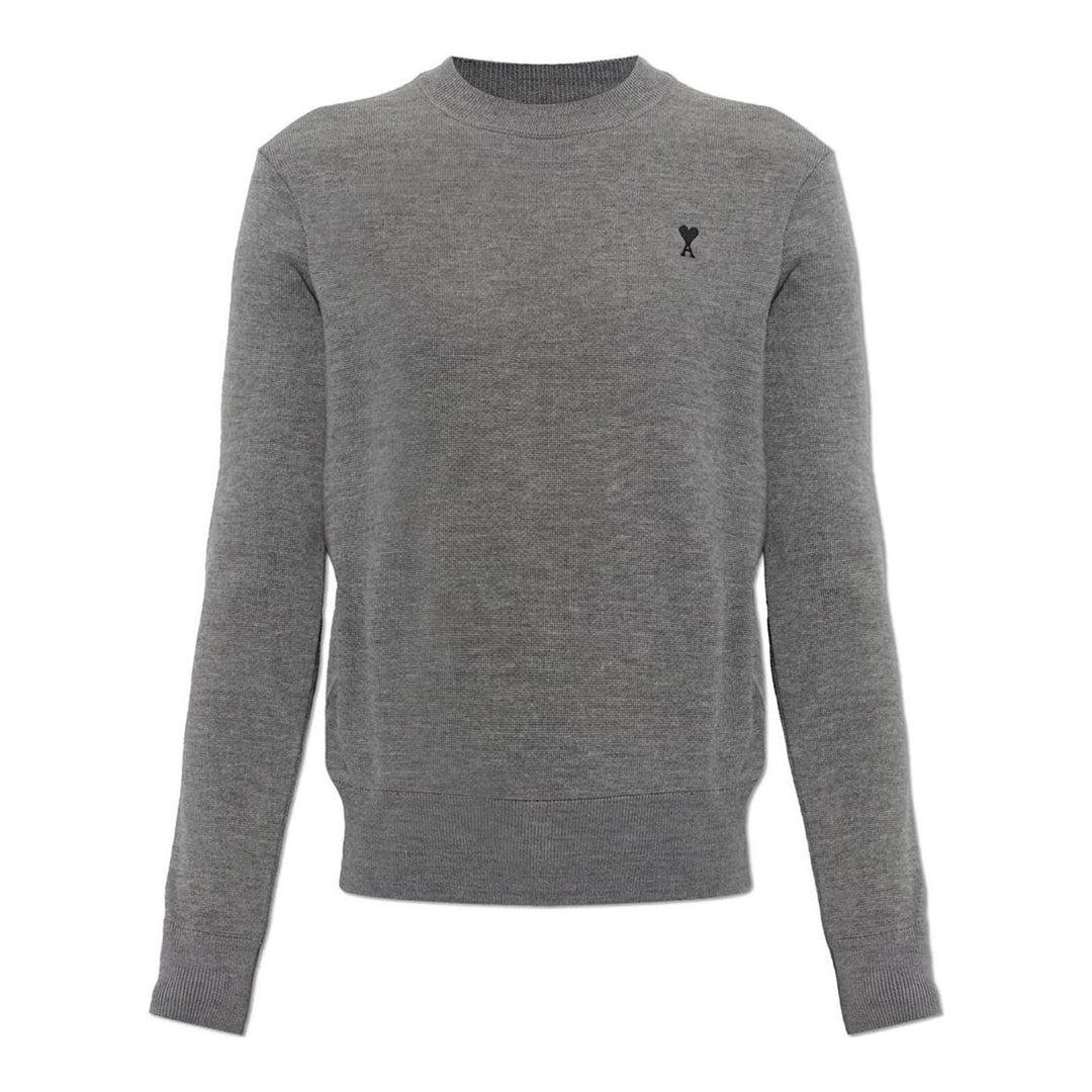 AMI heather grey crewneck sweater with embroidered black Ami de Coeur heart logo on the chest - packshot