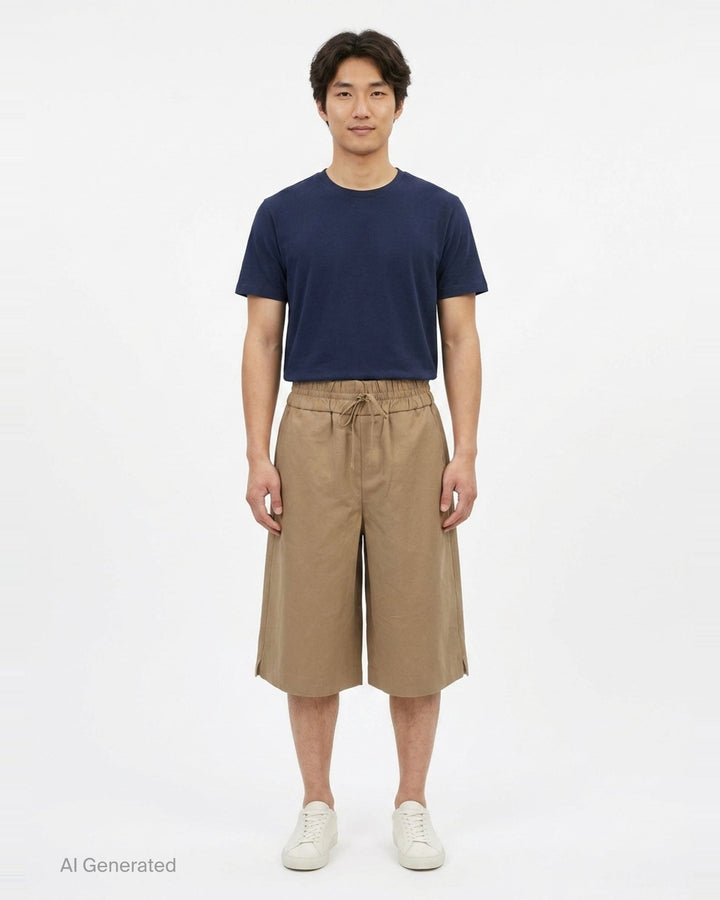AMI Elasticated Large Bermuda Shorts in khaki tan, featuring a wide-leg silhouette, elasticated paper-bag waistband with drawstring, and hem side slits, displayed flat on a white background - front