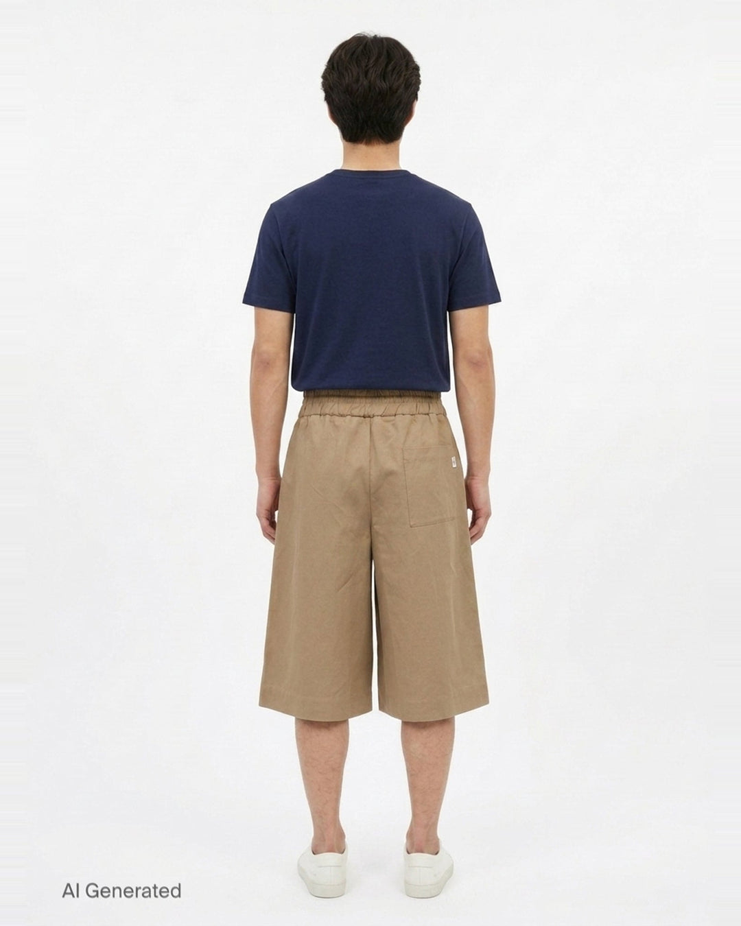 AMI Elasticated Large Bermuda Shorts in khaki tan, featuring a wide-leg silhouette, elasticated paper-bag waistband with drawstring, and hem side slits, displayed flat on a white background - back