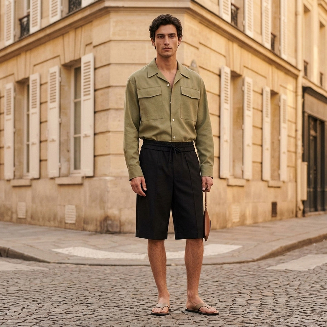AMI Elasticated Large Bermuda Shorts in black with wide-leg silhouette, pressed creases, and elasticated drawstring waistband - lifestyle