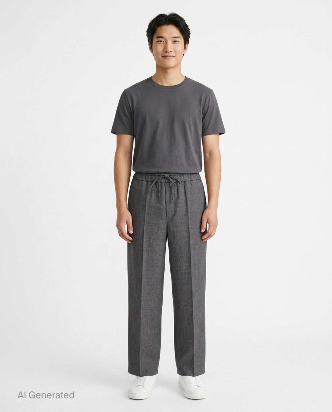 AMI black elasticated waist trousers with drawstring tie, relaxed tapered silhouette and pressed front creases, front view - front