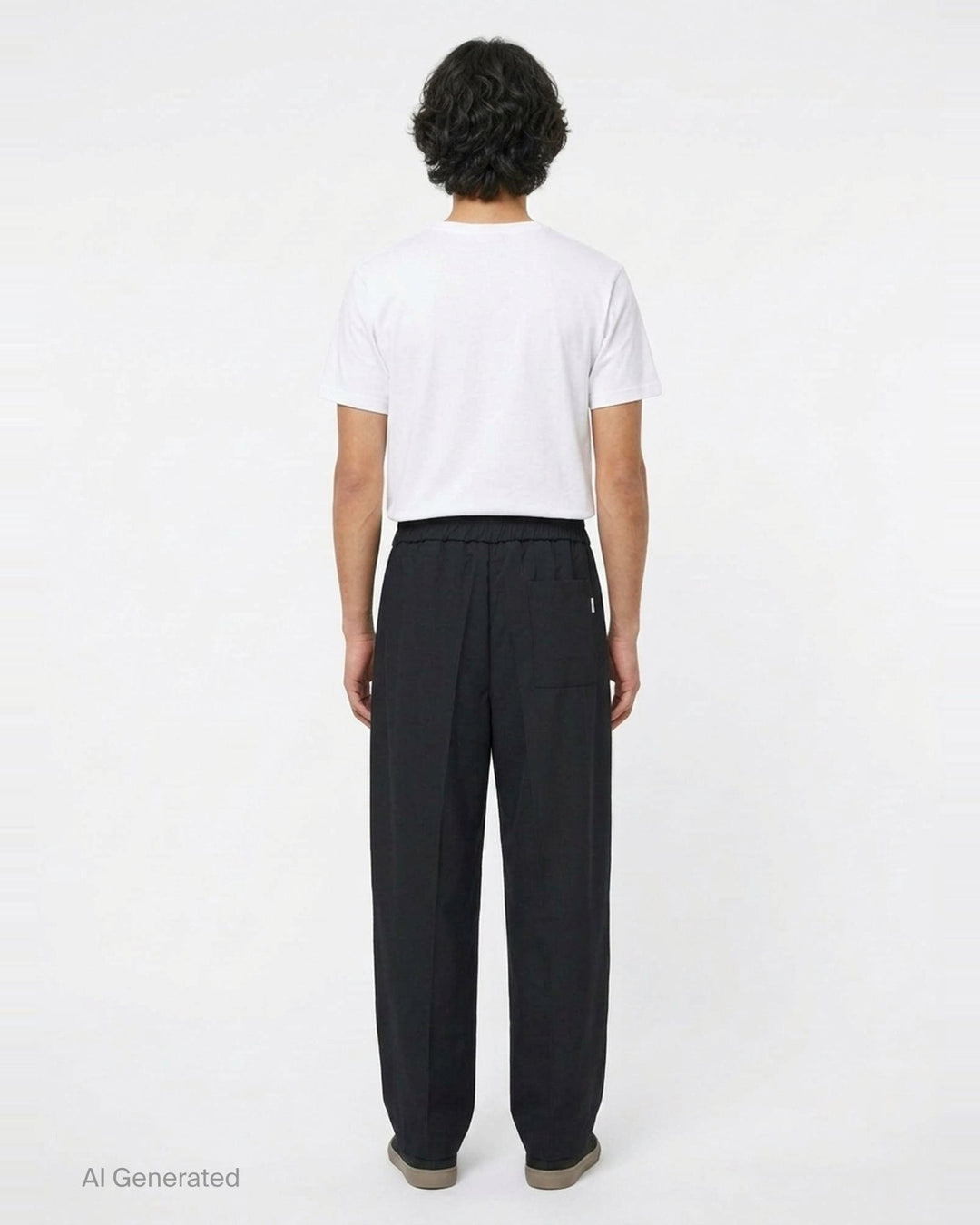AMI black elasticated waist trousers with drawstring tie, relaxed tapered silhouette and pressed front creases, front view - back