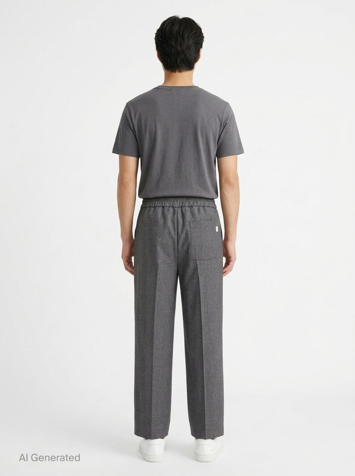 AMI black elasticated waist trousers with drawstring tie, relaxed tapered silhouette and pressed front creases, front view - back