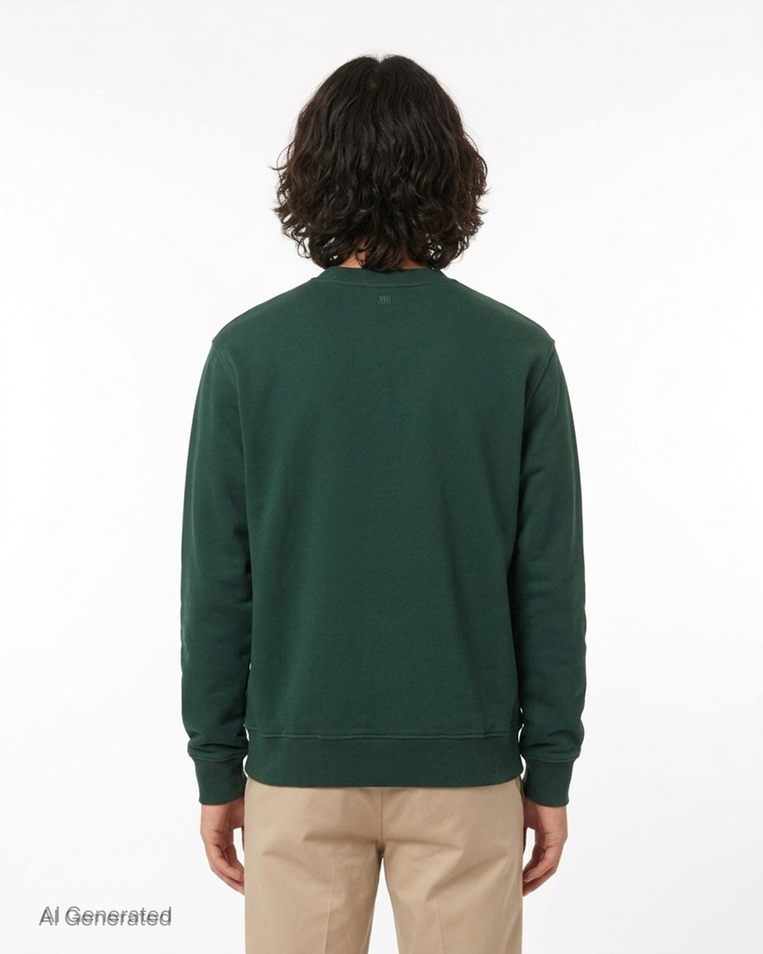 AMI forest green crewneck sweatshirt with ribbed trim and a small embroidered Ami de Coeur logo at the chest - back