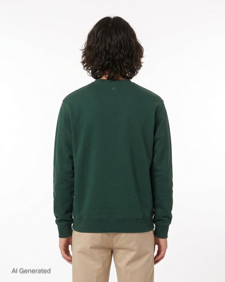 AMI forest green crewneck sweatshirt with ribbed trim and a small embroidered Ami de Coeur logo at the chest - back