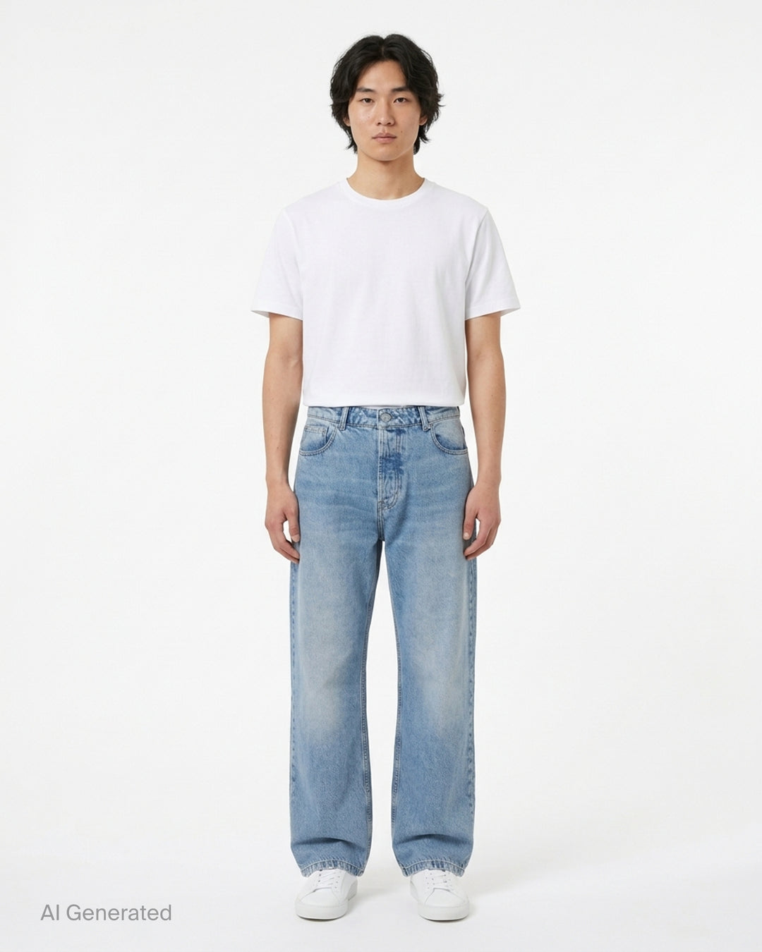 AMI large fit jeans in light washed blue denim with a wide straight leg, five-pocket design and button fly, shown front view - front