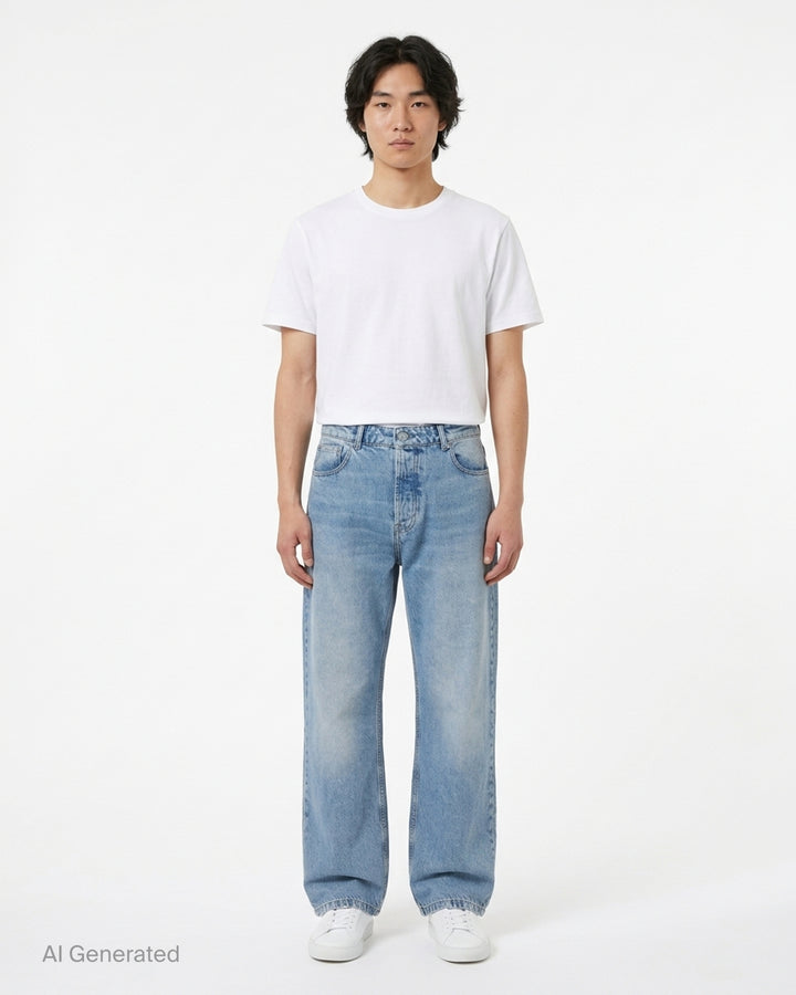 AMI large fit jeans in light washed blue denim with a wide straight leg, five-pocket design and button fly, shown front view - front