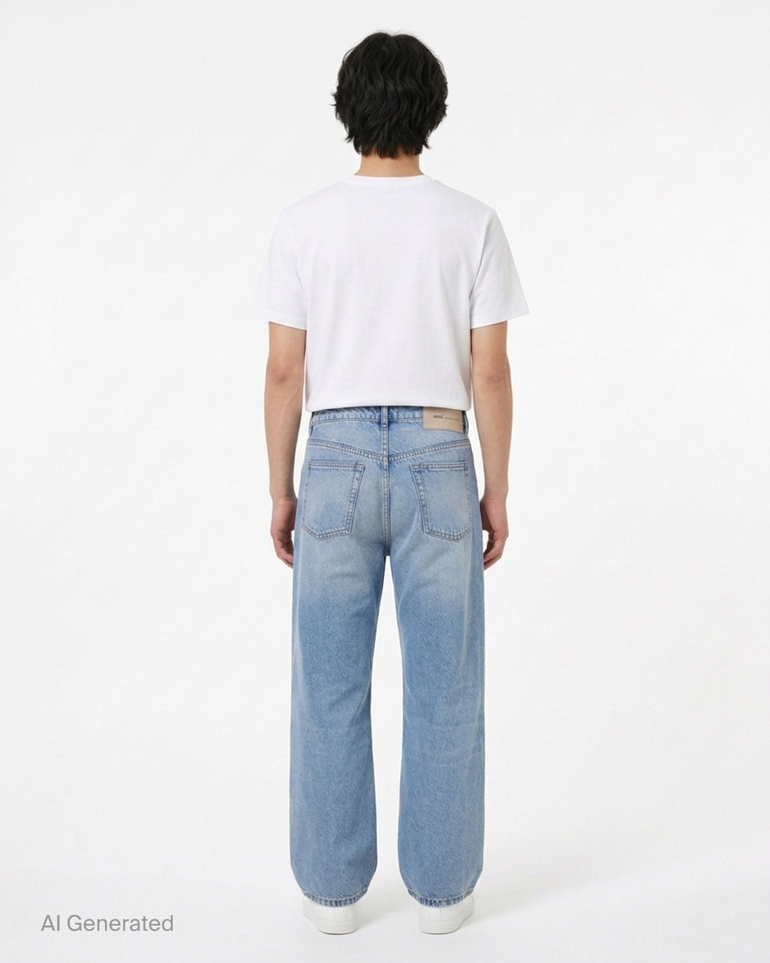 AMI large fit jeans in light washed blue denim with a wide straight leg, five-pocket design and button fly, shown front view - back