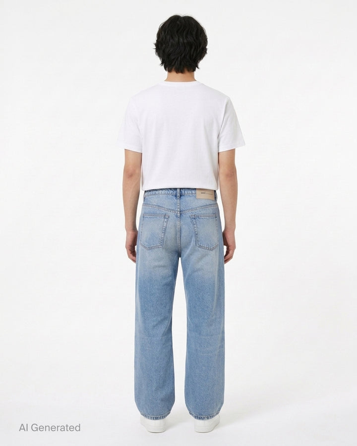 AMI large fit jeans in light washed blue denim with a wide straight leg, five-pocket design and button fly, shown front view - back