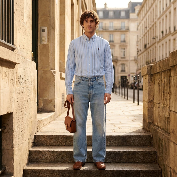 AMI large fit jeans in light washed blue denim with a wide straight leg, five-pocket design and button fly, shown front view - lifestyle