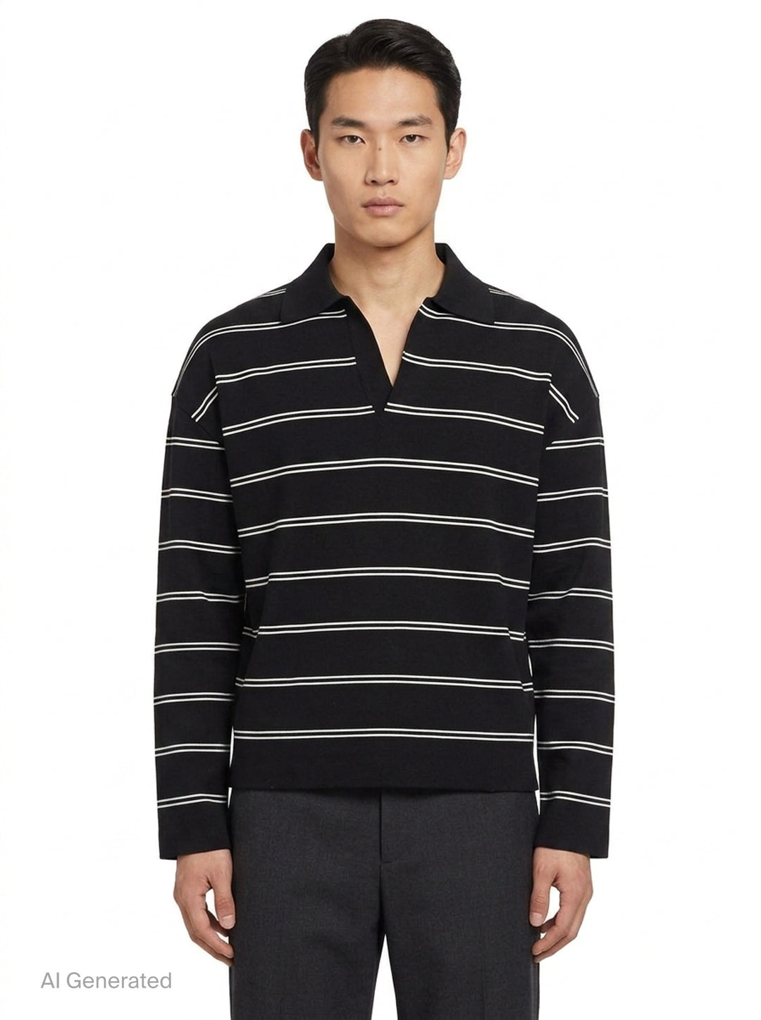 AMI Alexandre Mattiussi Long Sleeve Striped Polo in black with white horizontal stripes, featuring a spread collar, half-zip placket with heart logo pull, and ribbed cuffs - front