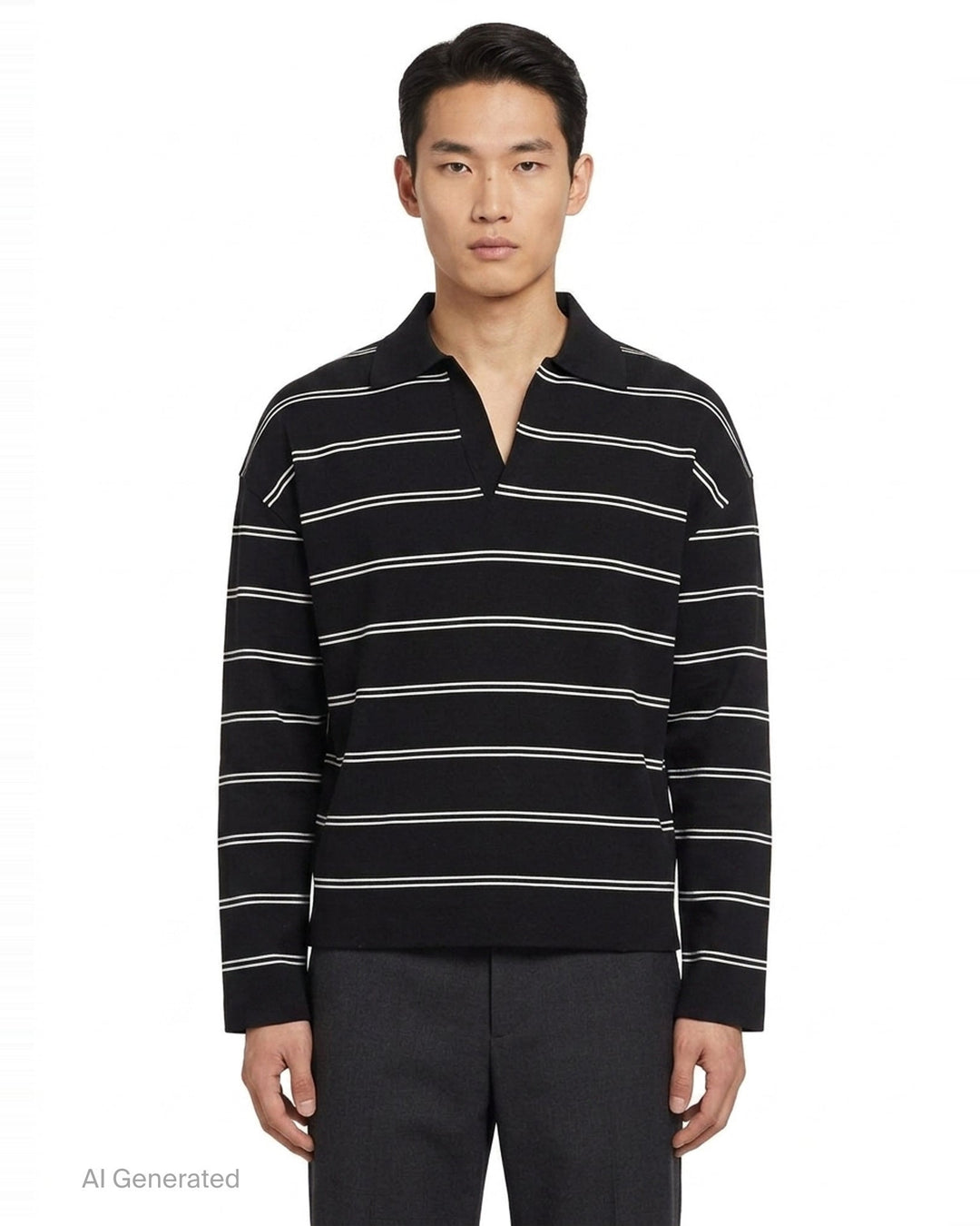 AMI Alexandre Mattiussi Long Sleeve Striped Polo in black with white horizontal stripes, featuring a spread collar, half-zip placket with heart logo pull, and ribbed cuffs - front