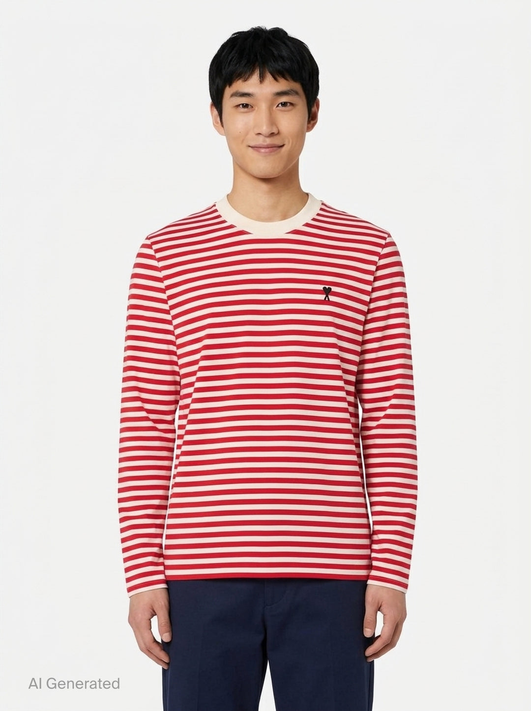 Ami Paris long sleeve crew neck tee in black and ivory horizontal Breton stripes with tonal Ami de Cœur chest logo embroidery - front
