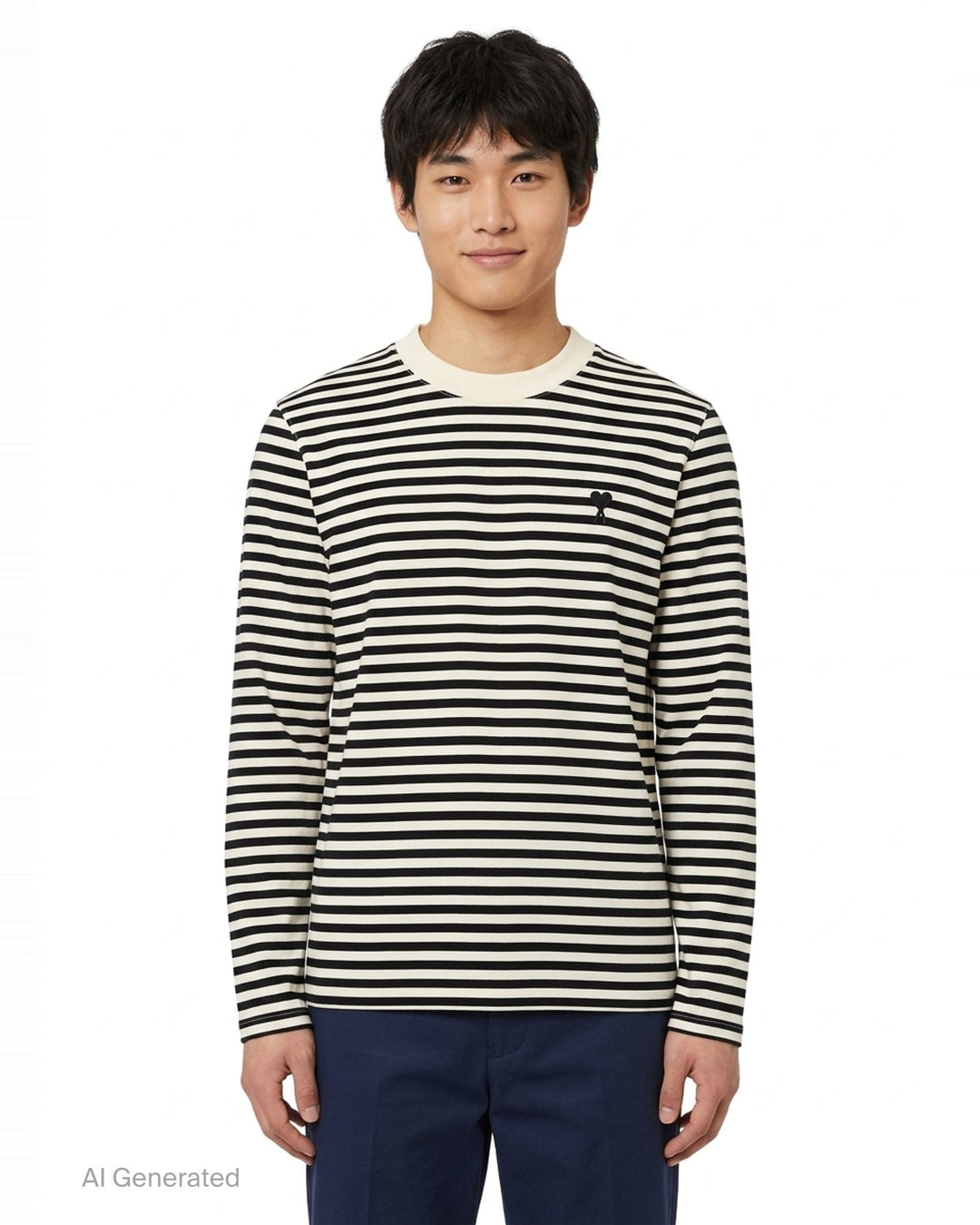 Ami Paris long sleeve crew neck tee in black and ivory horizontal Breton stripes with tonal Ami de Cœur chest logo embroidery - front