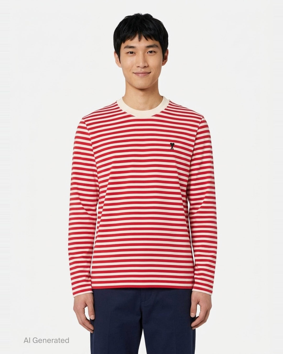 Ami Paris long sleeve crew neck tee in black and ivory horizontal Breton stripes with tonal Ami de Cœur chest logo embroidery - front