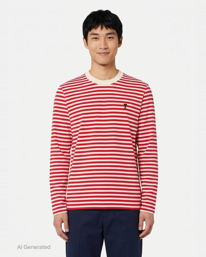 Ami Paris long sleeve crew neck tee in black and ivory horizontal Breton stripes with tonal Ami de Cœur chest logo embroidery - front