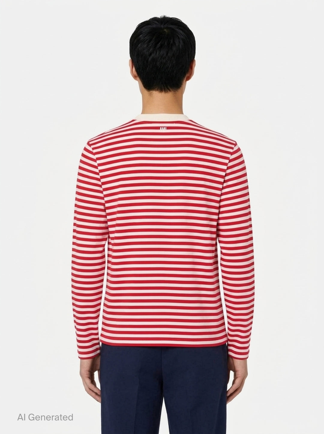 Ami Paris long sleeve crew neck tee in black and ivory horizontal Breton stripes with tonal Ami de Cœur chest logo embroidery - back