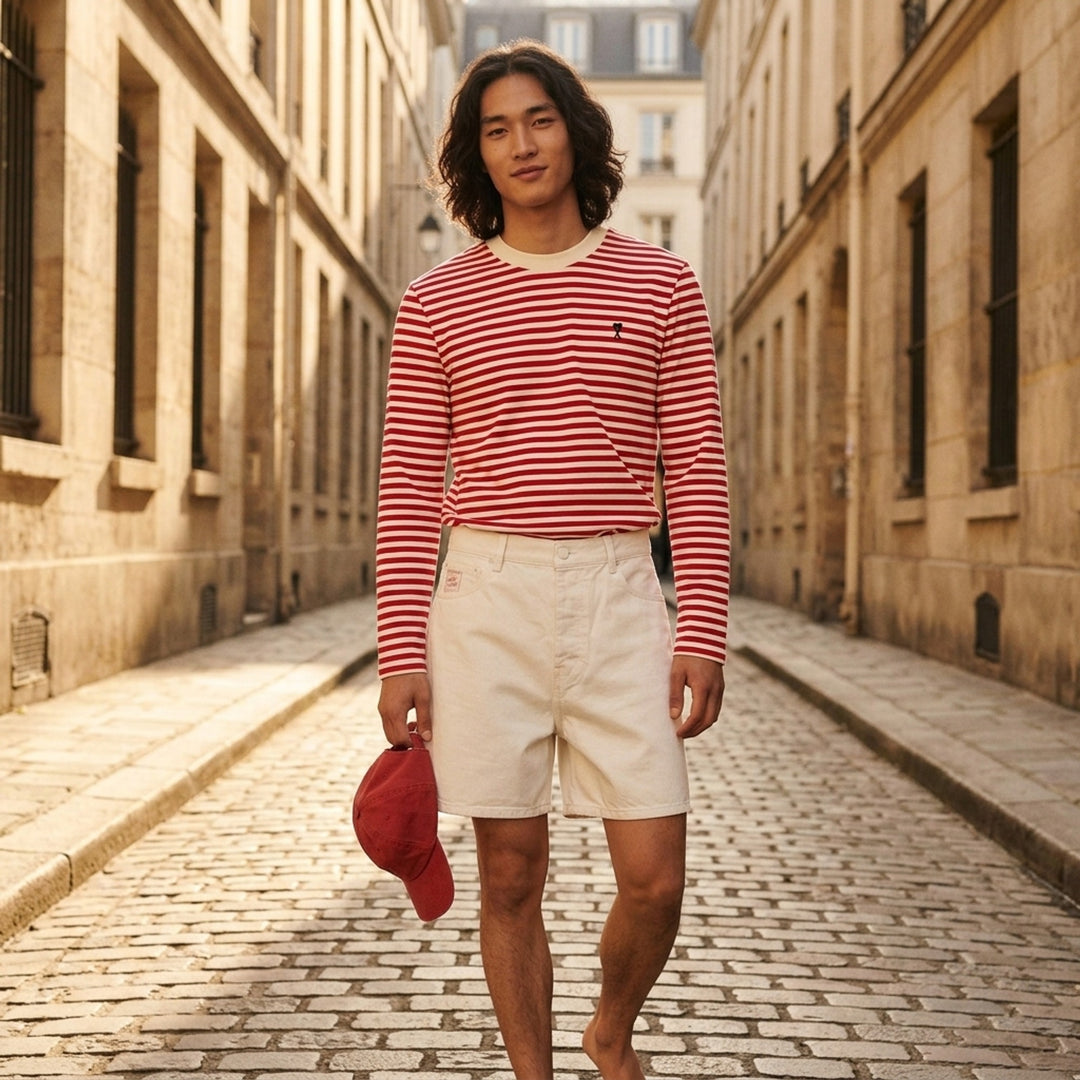 Ami Paris long sleeve crew neck tee in black and ivory horizontal Breton stripes with tonal Ami de Cœur chest logo embroidery - lifestyle
