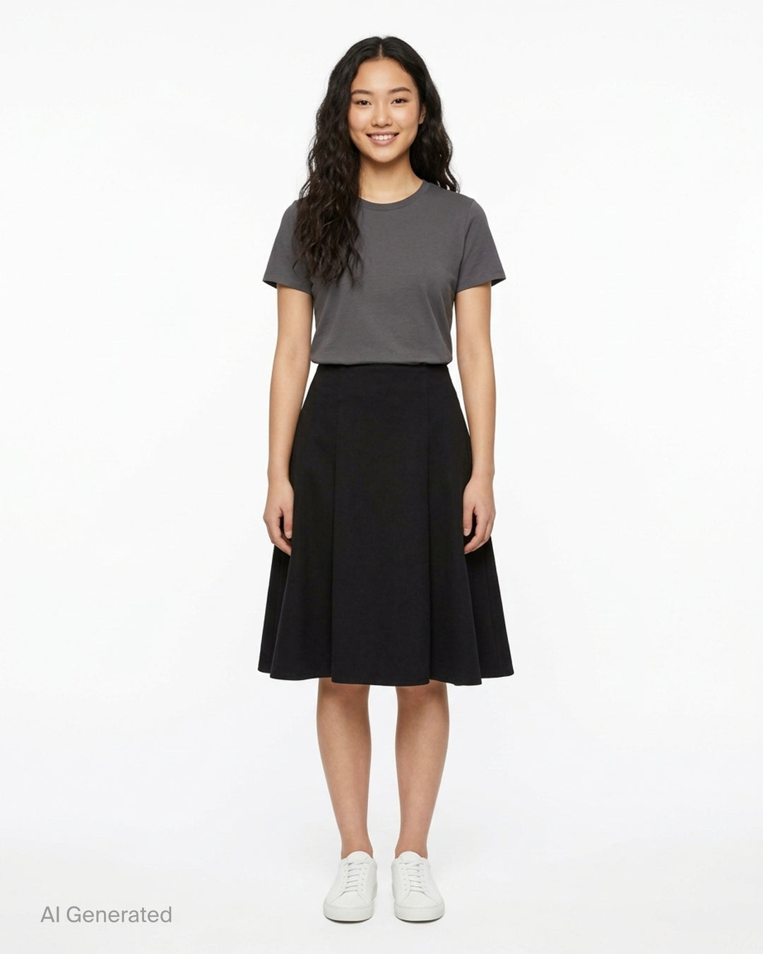 AMI black midi godet skirt with flared paneled silhouette and asymmetric hem, shown from the front - front
