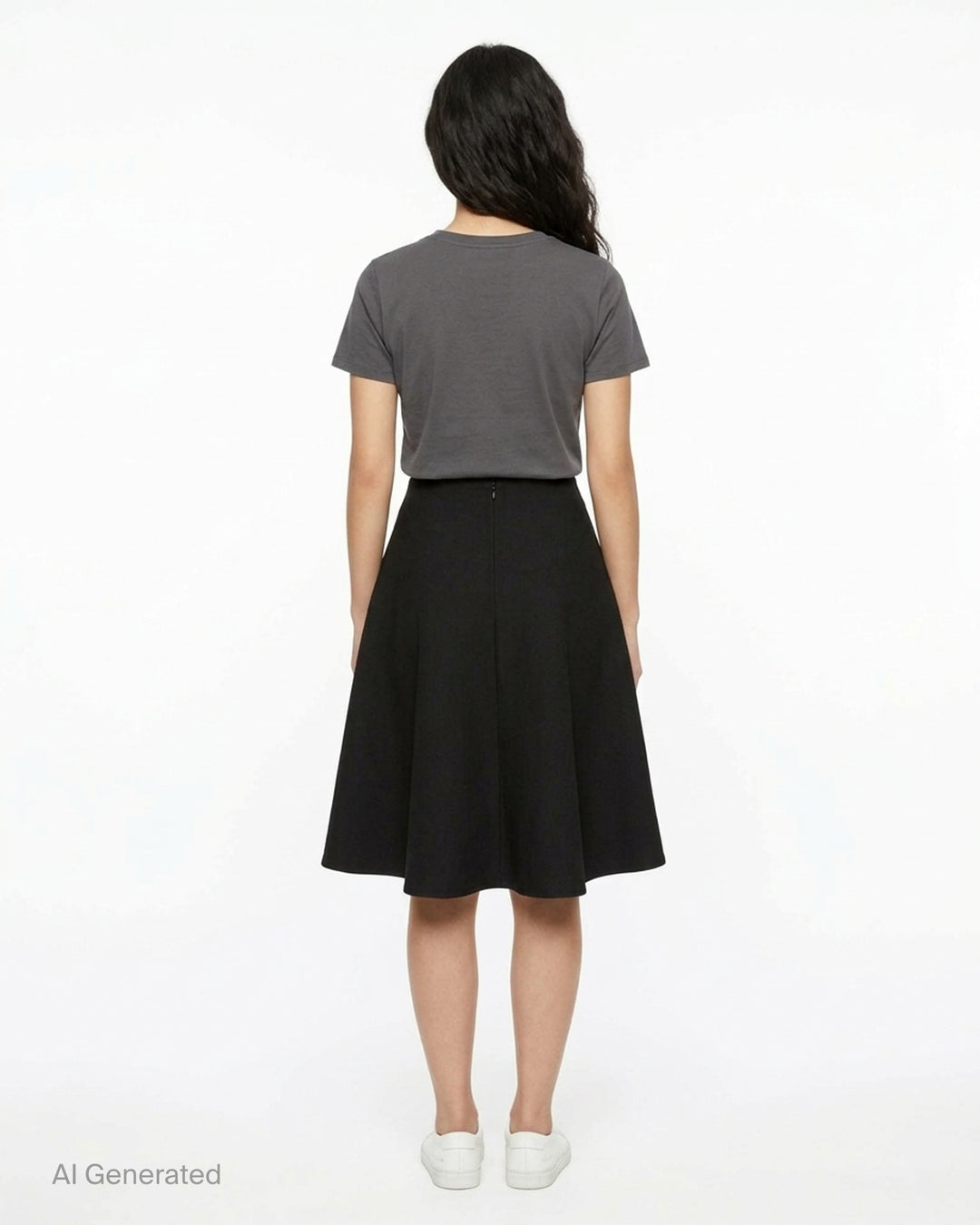 AMI black midi godet skirt with flared paneled silhouette and asymmetric hem, shown from the front - back