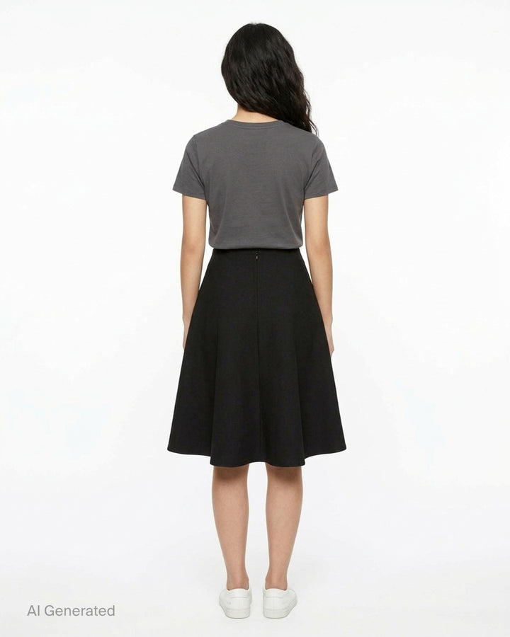 AMI black midi godet skirt with flared paneled silhouette and asymmetric hem, shown from the front - back