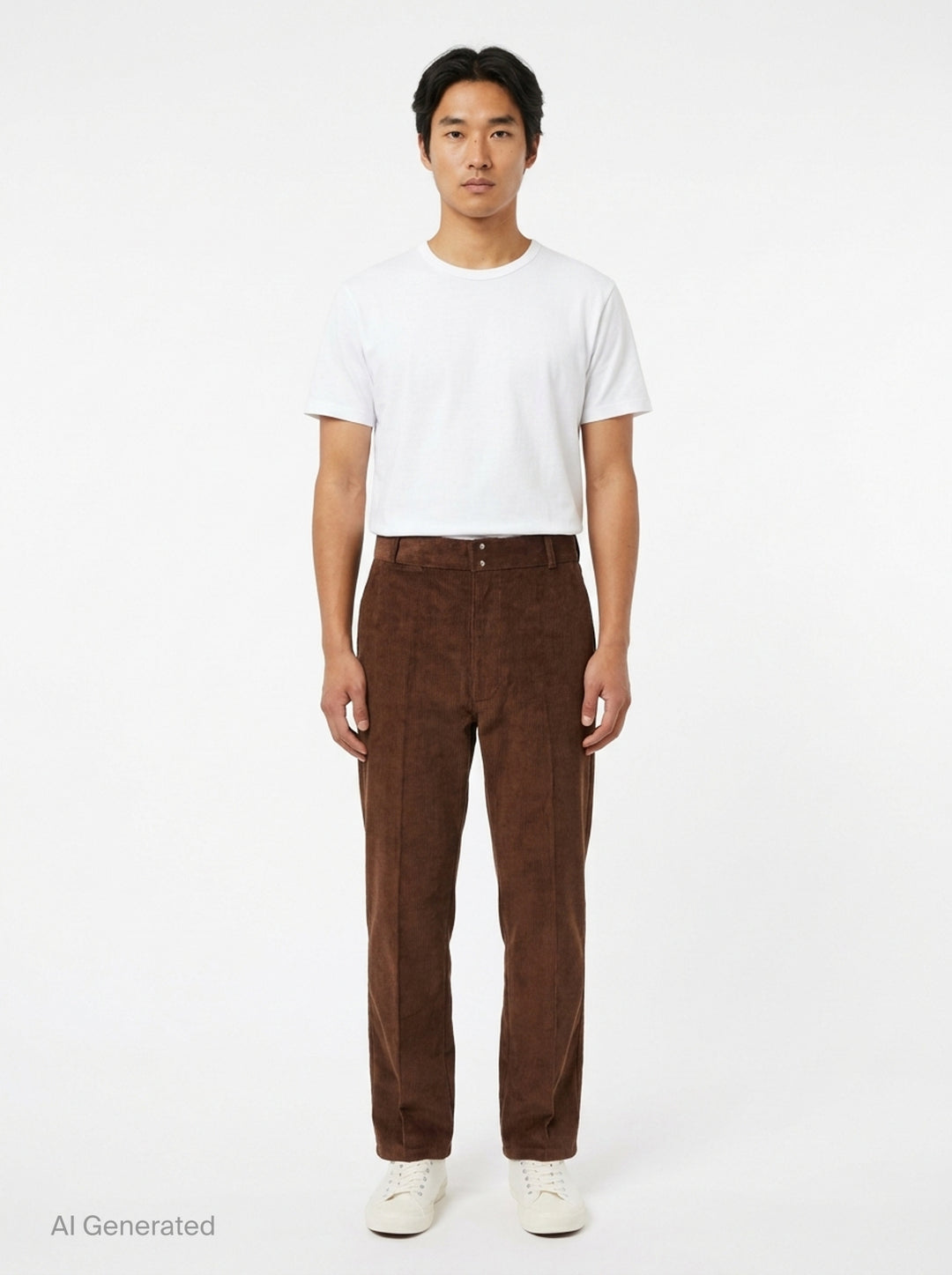 AMI Parisian Fit Trousers in brown fine-wale corduroy with a straight leg silhouette, structured waistband and twin button fastening, front view on white background - front