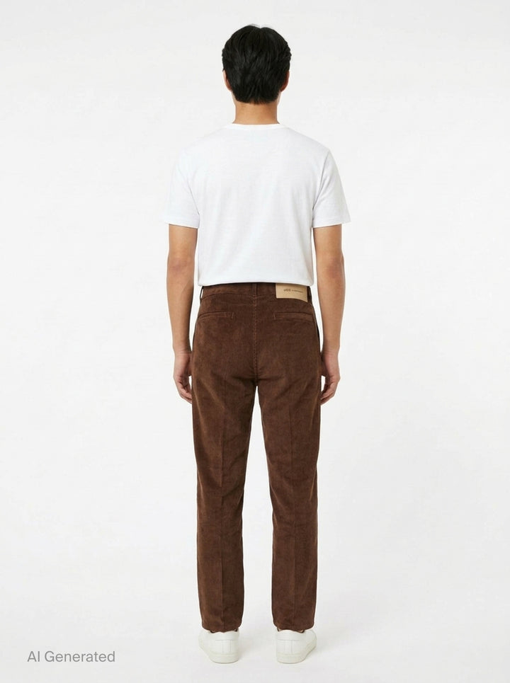 AMI Parisian Fit Trousers in brown fine-wale corduroy with a straight leg silhouette, structured waistband and twin button fastening, front view on white background - back