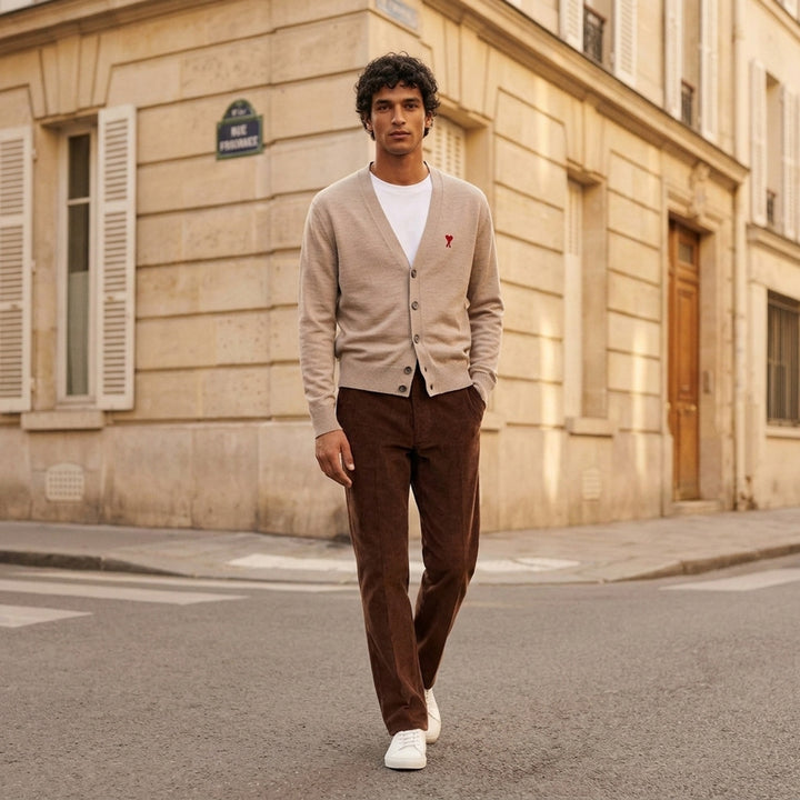 AMI Parisian Fit Trousers in brown fine-wale corduroy with a straight leg silhouette, structured waistband and twin button fastening, front view on white background - lifestyle