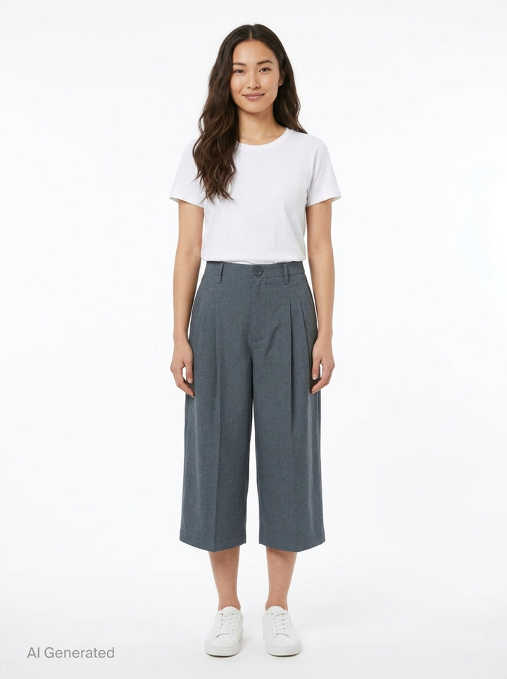 AMI Pleated Carrot Shorts in medium grey, featuring a high-rise waistband, double forward pleats, wide-leg carrot silhouette, and cuffed hem, displayed flat on a white background. - front