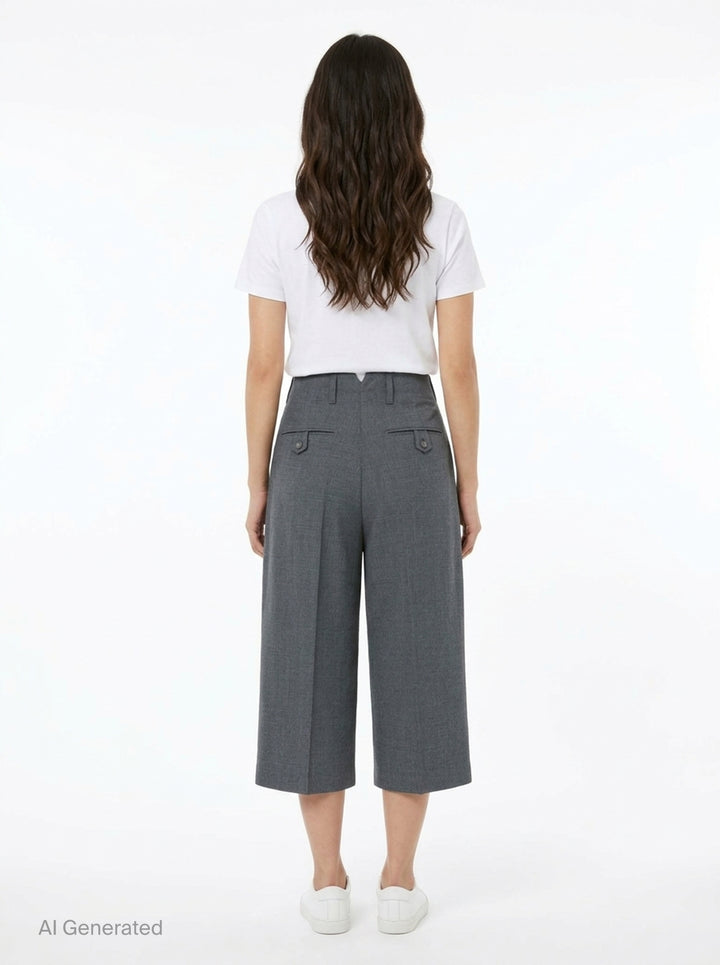 AMI Pleated Carrot Shorts in medium grey, featuring a high-rise waistband, double forward pleats, wide-leg carrot silhouette, and cuffed hem, displayed flat on a white background. - back