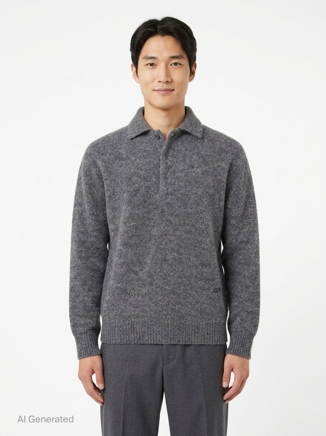 AMI grey bouclé knit polo sweater with spread collar, three-button placket, and ribbed cuffs, displayed on a flat ghost mannequin - front