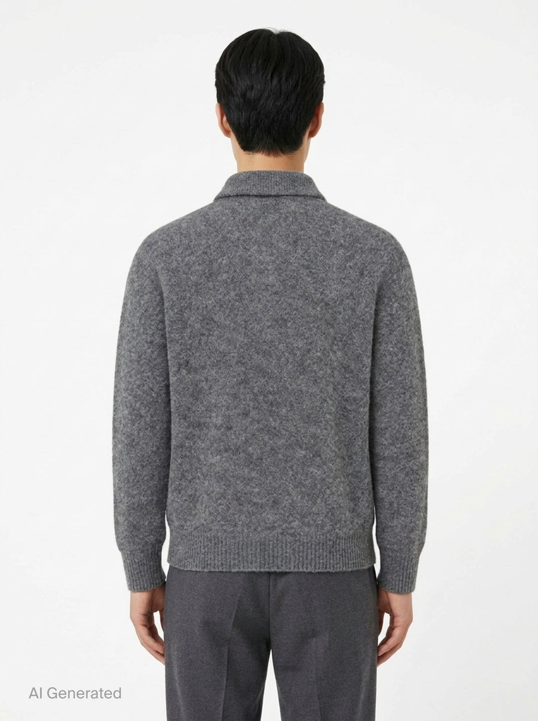 AMI grey bouclé knit polo sweater with spread collar, three-button placket, and ribbed cuffs, displayed on a flat ghost mannequin - back