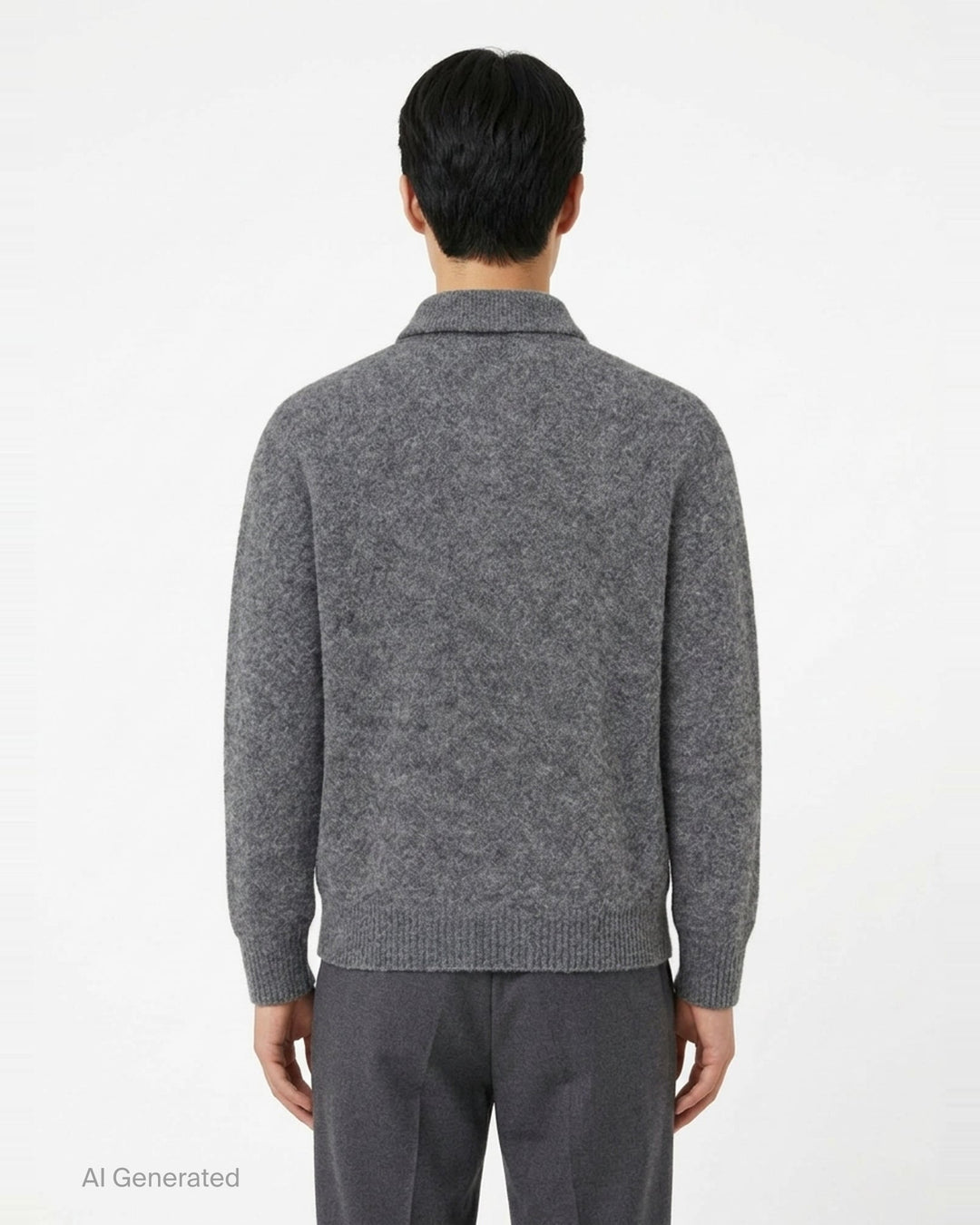 AMI grey bouclé knit polo sweater with spread collar, three-button placket, and ribbed cuffs, displayed on a flat ghost mannequin - back