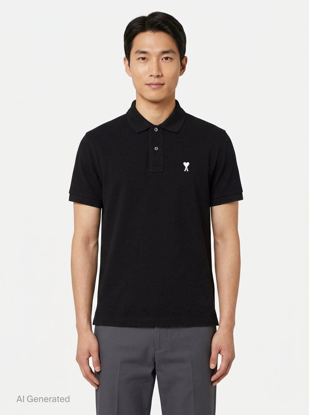 Ami Alexandre Mattiussi black piqué polo shirt with white Ami de Cœur logo embroidery on the chest and a two-button placket, front view - front