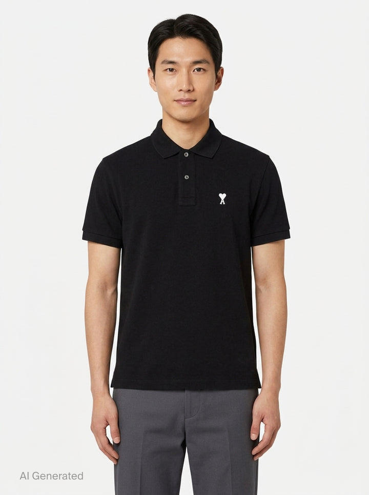 Ami Alexandre Mattiussi black piqué polo shirt with white Ami de Cœur logo embroidery on the chest and a two-button placket, front view - front