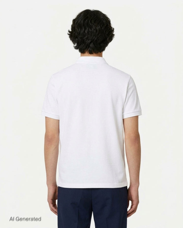 Ami Alexandre Mattiussi black piqué polo shirt with white Ami de Cœur logo embroidery on the chest and a two-button placket, front view - back