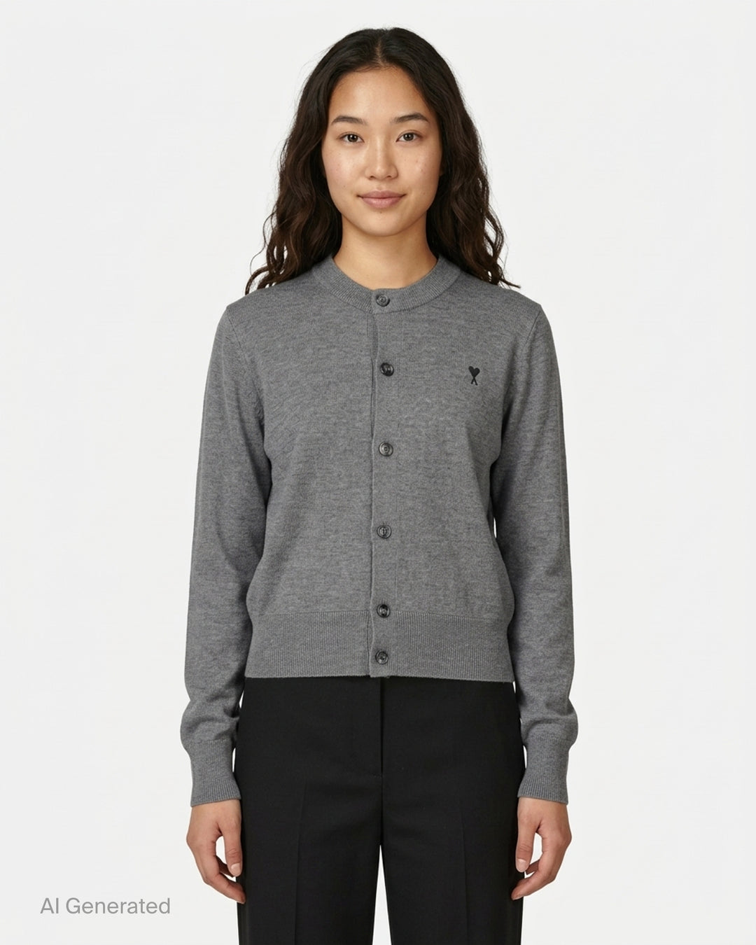 AMI Quota crewneck cardigan in deep forest green with black buttons, ribbed hem and cuffs, and a tonal embroidered heart logo on the chest - front