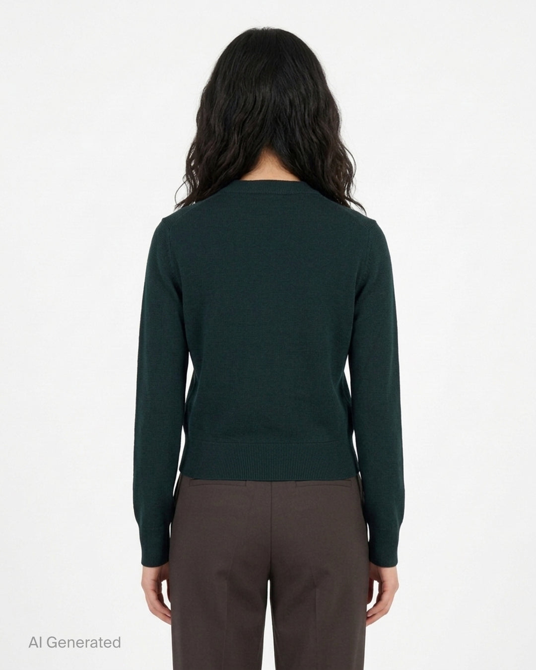AMI Quota crewneck cardigan in deep forest green with black buttons, ribbed hem and cuffs, and a tonal embroidered heart logo on the chest - back